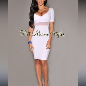 Hot Miami Styles White Bodycon Midi Dress Sweetheart Neckline Mesh Inset
